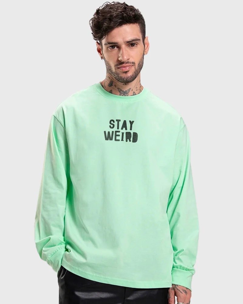 بيواكوف Men's Green Stay Real Graphic Printed Oversized T-shirt